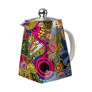 Front view of a ceramic teapot printed with colourful artwork by Justin Butler.