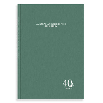 Green diary with 'Australian Geographic' and '2026 Diary' text on a white background.