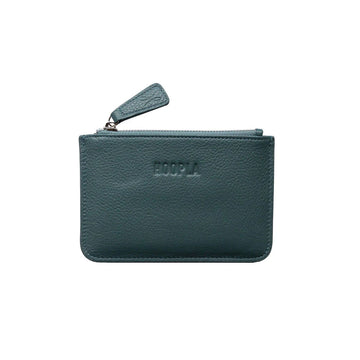 A teal coin purse with a zip at the top to open.