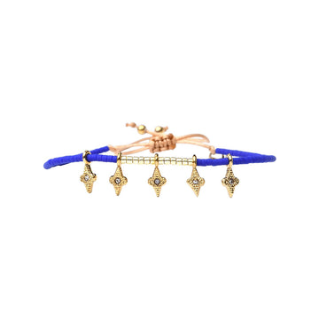 Bracelet with gold charms and blue beads on a white background.