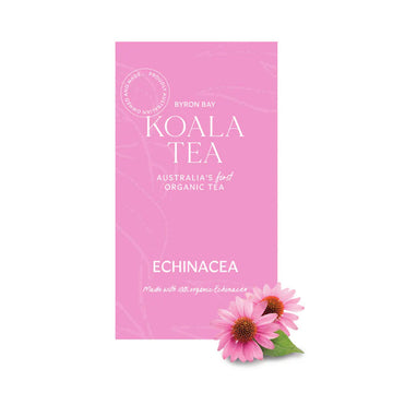 A pink box titled 'Koala Tea Echinacea' with two pink flowers next to the box.