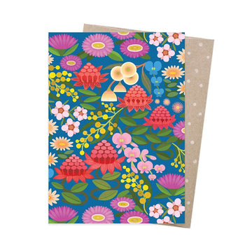 A greeting card illustrated with colourful flowers on a blue background.