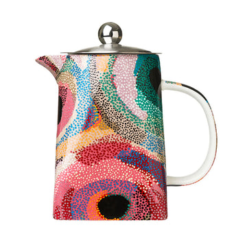 A ceramic teapot printed with artwork by Marianne Burton with a stainless steel lid.