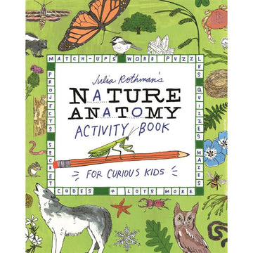 'Nature Anatomy Activity Book' cover featuring a border around the title in a crossword style with a background illustrated with different animals and plants.