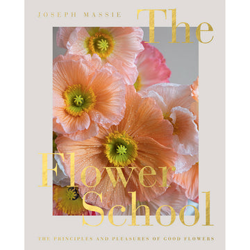 'The Flower School' book cover featuring a close up of orange flowers covered with water drops.