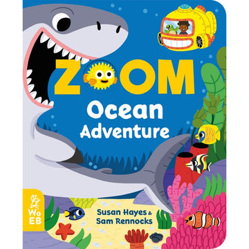 'Zoom Ocean Adventure' book cover featuring an illustration of a shark and fish in coral.