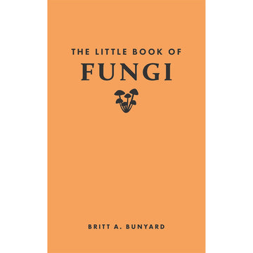 'The Little Book of Fungi' book cover featuring the title and a silhouette of a mushroom on an orange background.
