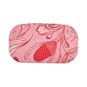 A small hard shell case printed with pink and red flowers.