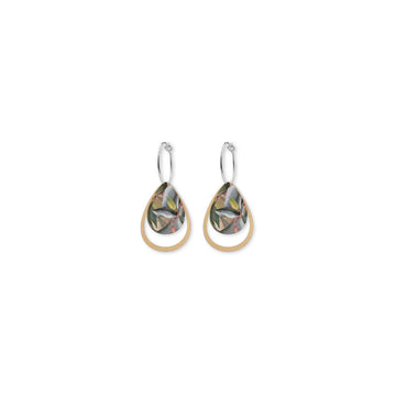 Pair of earrings with a teardrop-shape on a white background.