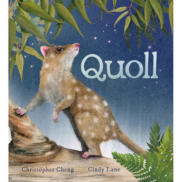 Book cover of 'Quoll' featuring an illustration of a quoll on a branch with a night sky background.