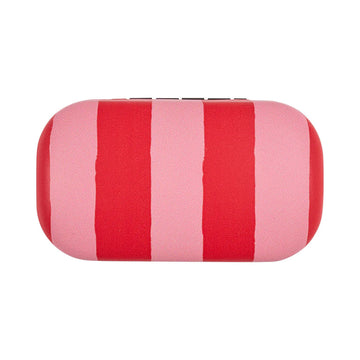Red and pink striped rectangular hard shell case on a white background.