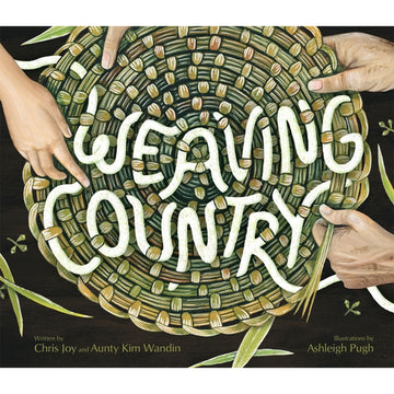 Book cover of 'Weaving Country' with hands holding a woven pattern and text.