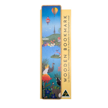 Wooden bookmark with colorful design of Canberra icons and birds on a white background.