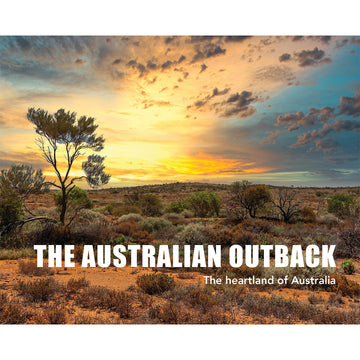 'The Australian Outback' book cover featuring a photo of the outback during sunset.