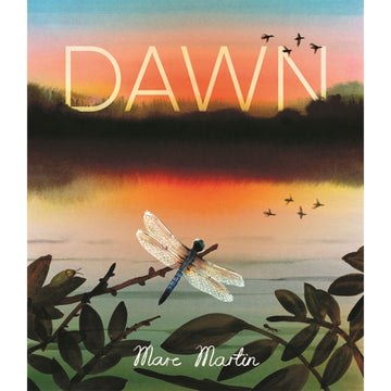 Book cover of 'Dawn' by Marc Martin with a dragonfly and birds over water at sunset.