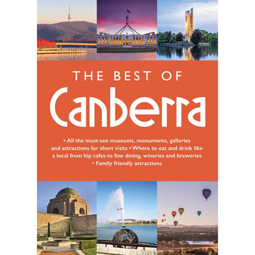 'The Best of Canberra' book cover featuring six photos of Canberra landmarks including the War Memorial, Parliament House and hot air ballons.