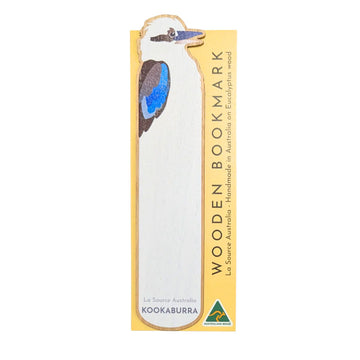 Wooden bookmark with Kookaburra design on a white background.