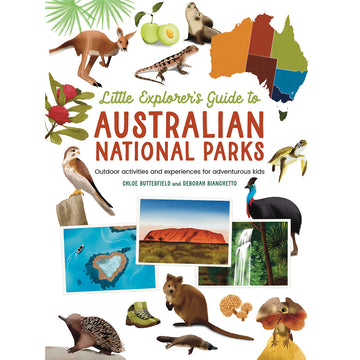 'Little Explorer's Guide to Australian National Parks' book cover featuring illustrations of Australian animals and locations including a kangaroo, echidna, Uluru and a waterfall.
