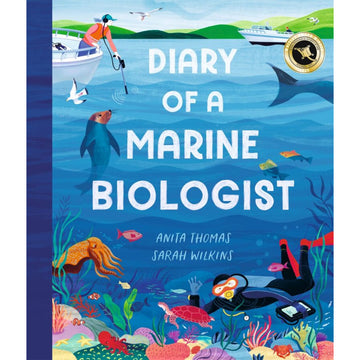 Book cover of 'Diary of a Marine Biologist' with illustrations of marine life and activities.