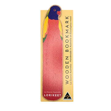 Wooden bookmark with a colorful bird design on a white background.