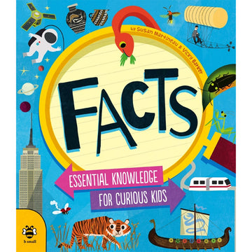 'Facts Essential Knowledge for Curious Kids' book cover featuring illustrations of different items including an astronaut, snake, bugs, a tiger and skyscraper. 