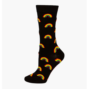 A black sock illustrated with rainbows.