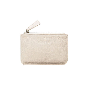 A cream coin purse with a zip opening at the top.