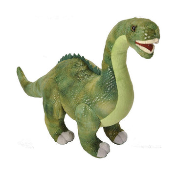 A green dinosaur soft toy shaped like a diplodocus.