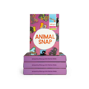Stack of children's card game titled 'Animal Snap' on a white background.