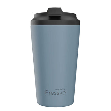 A stainless steel reusable coffee cup in denim blue with a black lid.