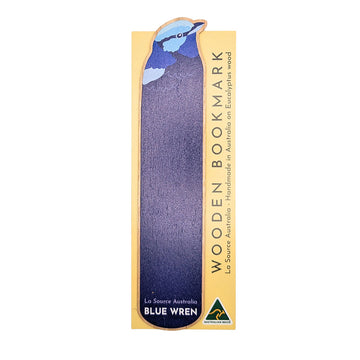 Wooden bookmark with blue wren design attached to packaging on a white background.