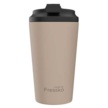 A stainless steel reusable coffee cup in a light brown with a black lid.