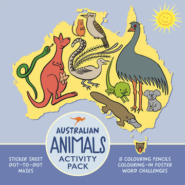 'Australian Animals Activity Kit' book cover featuring an illustration of Australian animals inside a yellow map of Australia.