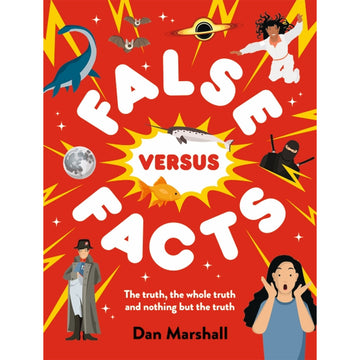 Book cover of 'False Versus Facts' with colorful illustrations on a red background.