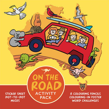 'On the Road Activity Pack' featuring an illustration of a family in a red car with a range of different Australian animals around the car.