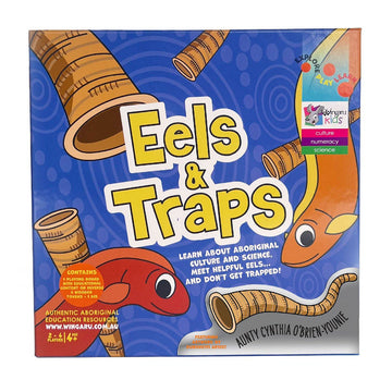 Box of 'Eels & Traps' educational game with colorful eels and traps on a blue background.