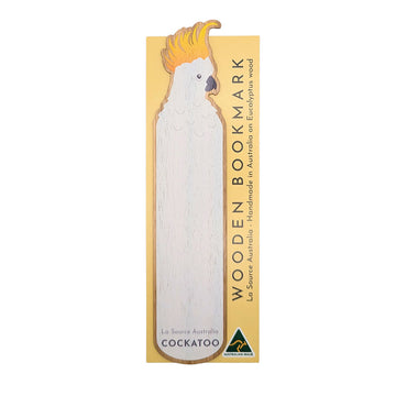 Wooden bookmark with cockatoo design on a white background.