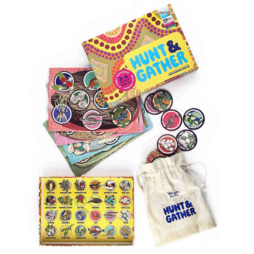 Hunt & Gather game set with cards, bags, and stickers on a white background.