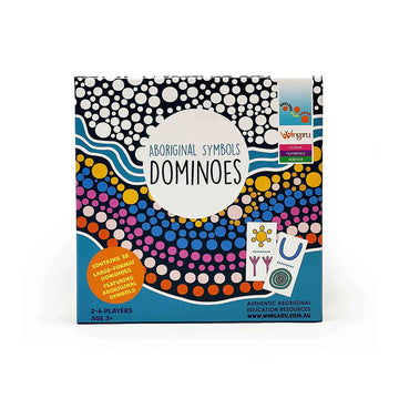 Box of Aboriginal Symbols Dominoes game with colorful design on a white background.