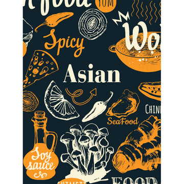 'Asian' book cover featuring yellow and white symbols of different foods on a dark blue background.