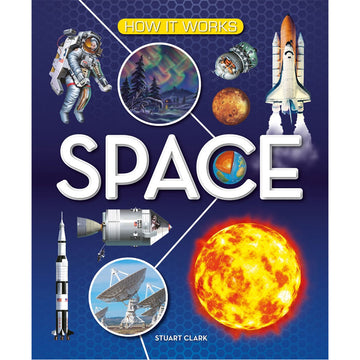 Book cover of 'Space' by Stuart Clark with space-themed illustrations on a blue background.