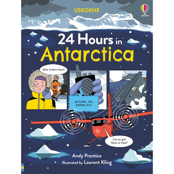 Book cover of '24 Hours in Antarctica' with a helicopter and Antarctic scene.