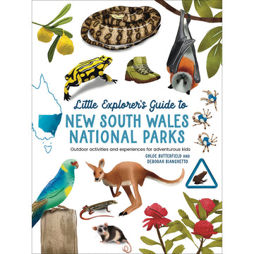 'Little Explorer's Guide to NSW National Parks' book cover featuring illustrations of different Australian animals including a frog, kangaroo, snake and bat.