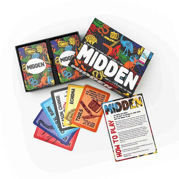 Board game box with colorful illustrations and 'MIDDEN' branding on a white background.