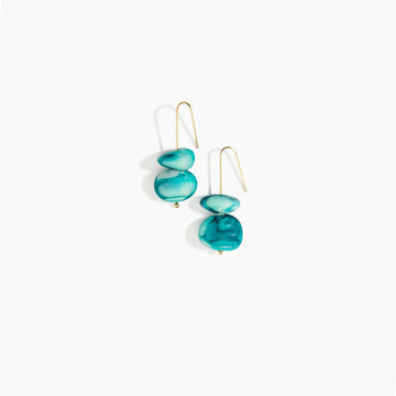 Teal resin earrings with gold hooks on a white background.