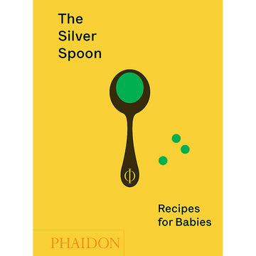 'The Silver Spoon Recipes for Babies' featuring an outline of a spoon in black and green on a yellow background.