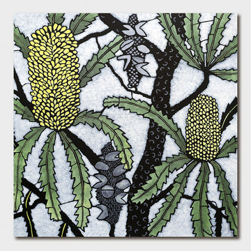 A square greeting card illustrated with banksia flowers and leaves.