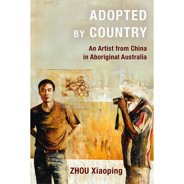 Book cover of 'Adopted by Country' featuring two men and a painting.