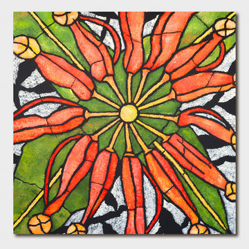 A square greeting card with a large orange flower illustration.