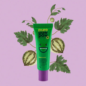 Green tube of pure paw paw with leaves on a purple background.